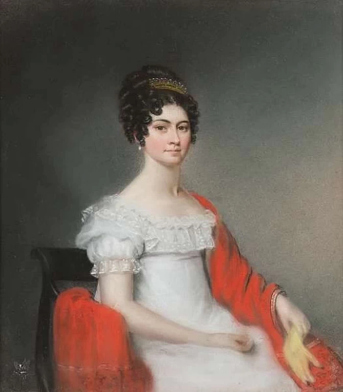 Ellen Sharples-32-Ritratto di Una giovane donna in abito Regency bianco con uno scialle rosso